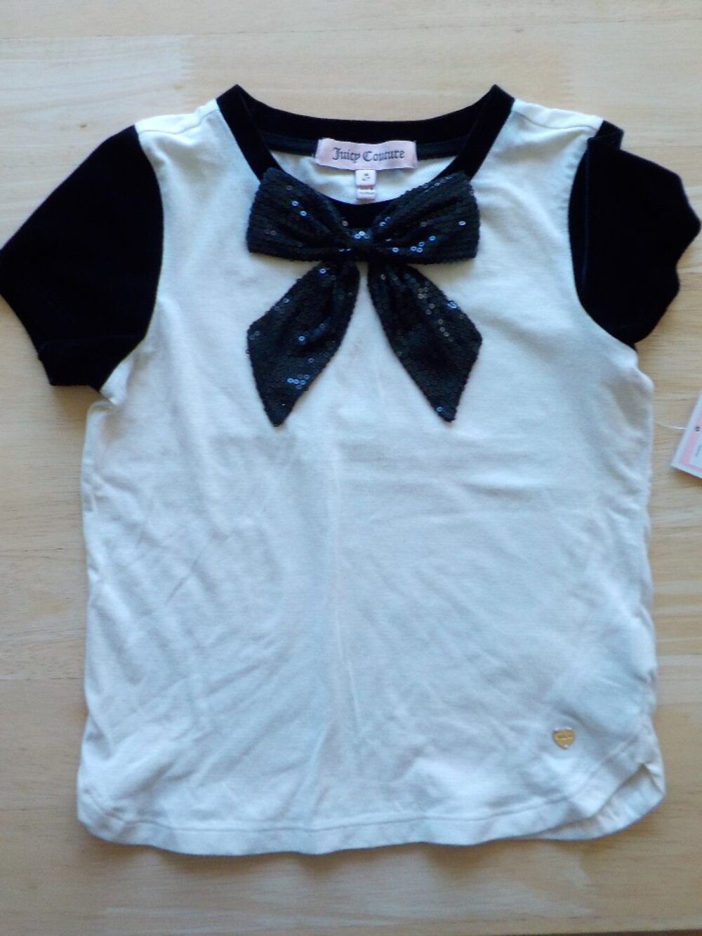 Juicy Couture Girls Top - Size M (6/7) White Black Fancy Bow Short Sleeve (862)